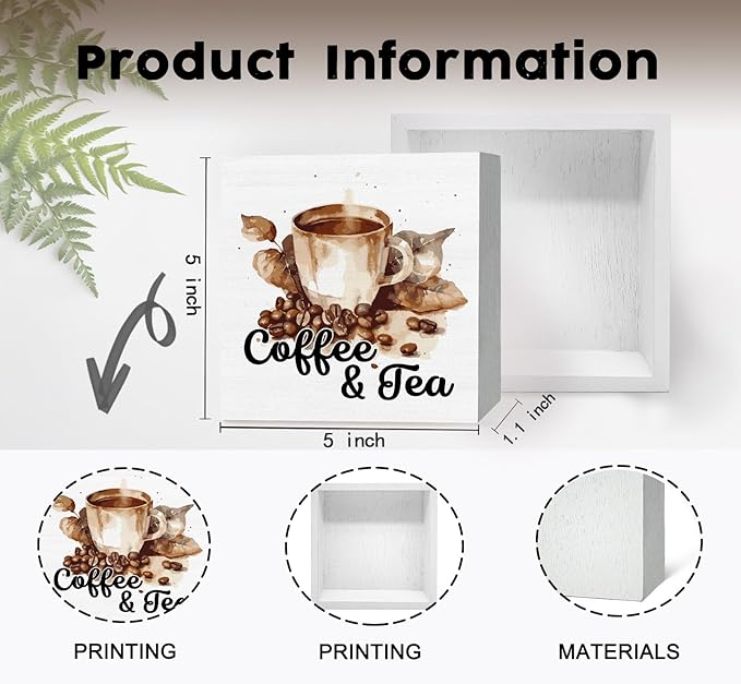 Coffee and Tea Bar Decor Wooden Sign,Tea Bar Accessories Home Office Tabletop Shelf Decor, Gifts for Coffee Lovers Women,5x5