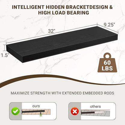 32 Inch Floating Shelves, 3D Textured Wood Grain, 32"x9.25"x1.5" Inch Deep Floating Shelves for Wall, Wooden Shelves for Bathroom, Bedroom, Living Room, Black, 2 Pieces