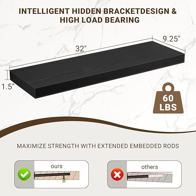 32 Inch Floating Shelves, 3D Textured Wood Grain, 32