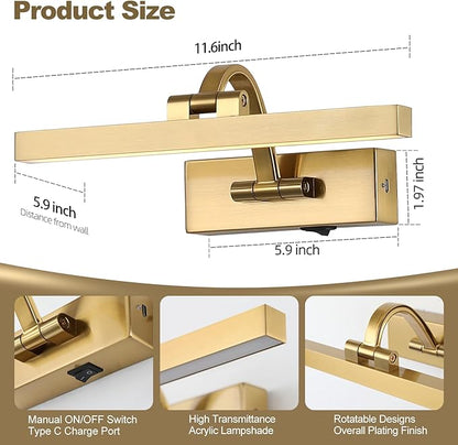 Picture Light with Remote 3 Colors Wireless Art Lights for Paintings,Rotatable Wall Sconce Rechargeable Battery Powered Painting Light,Dimmable Light Over Picture Frame for Gallery,Brass
