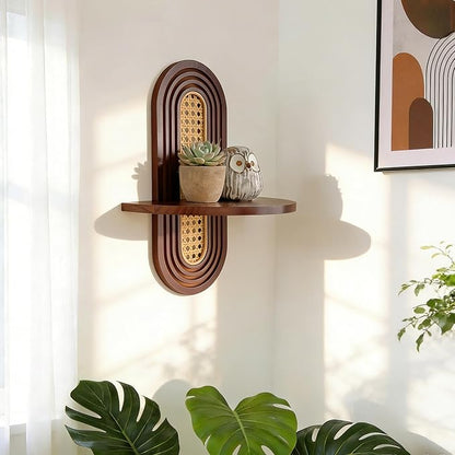 1pc Mid-Century Modern Wall Shelf - Arched Wood & Woven PE Rattan Boho Decorative Floating Shelf, Vintage Aesthetic Decor for Living Room, Bedroom, Kitchen & Home Office (Walnut)