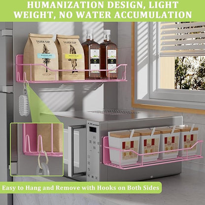 Magnetic Spice Rack for Refrigerator, 5 Pack Metal Strong Magnet Spice Organizer Shelves with Hook Rack, Space Saving Magnetic Fridge Shelf for Home Kitchen Organization and Storage (Pink)