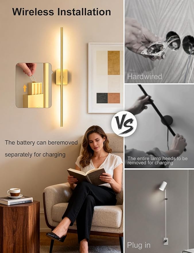 Battery Operated Wall Sconces Set of 2, 10000mAh Rechargeable Wall Lights with Remote, 360° Rotate 3000K-6000K LED Wireless Wall Light Fixtures Decor for Bedroom Living Room Hallway Picture Lighting