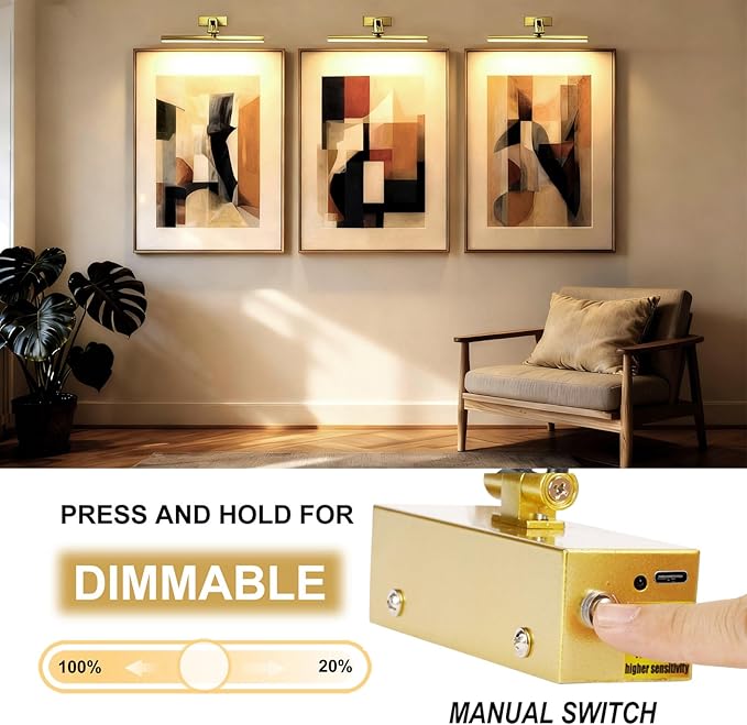2 Pack Picture Lights for Wall Battery Operated, 12 inch Wireless Art Lighting for Painting, 6 Colors Picture Frame Lights with Remote, 4200mAh Gallery Light, Gold