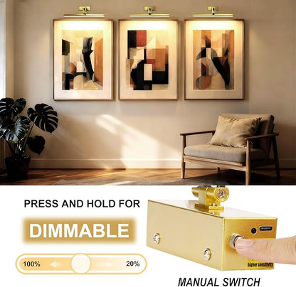 2 Pack Picture Light Battery Operated for Wall, 16" Wireless Art Lighting for Painting, 6 Colors Picture Frame Lights with Remote, Dimmable 5200mAh Gallery Light, Gold