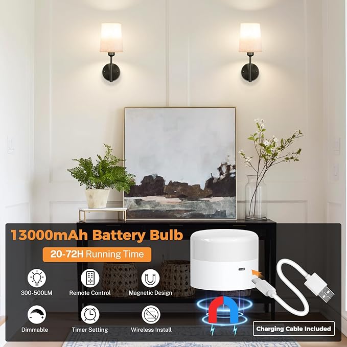 Wall Sconces Battery Operated, Battery Operated Wall Sconce with 13000mAh Magnetic Bulbs and Remotes, Rechargeable Wall Sconce Set of 2, Wireless Black Wall Lamp/Lights for Bedroom, Linen