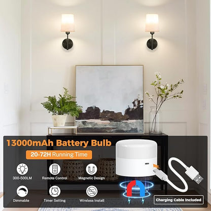 Wall Sconces Battery Operated, Battery Operated Wall Sconce with 13000mAh Magnetic Bulbs and Remotes, Rechargeable Wall Sconce Set of 2, Wireless Black Wall Lamp/Lights for Bedroom, Linen