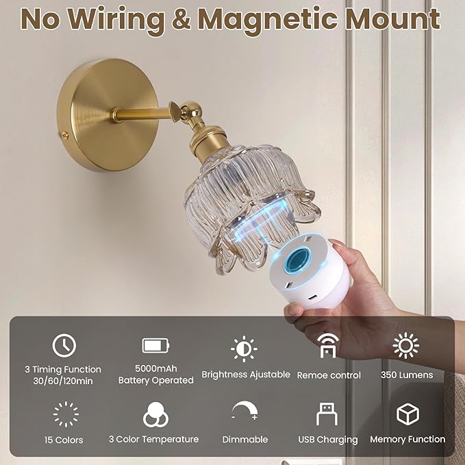 Vintage Battery Operated Wall Sconces - 5000mAh Rechargeable Dimmable Lights with Remote Control - Set of 2 Cognac Flower Glass Cordless Mounted Lighting - Wireless Powered Light Sconce for Bedroom