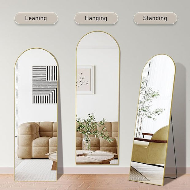 OLIXIS Arched Full Length Mirror for Bedroom, 65"x24" Full Body Mirror with Stand, Hanging or Leaning for Wall, Aluminum Alloy Thin Frame Floor Standing for Living Room, Long, Gold