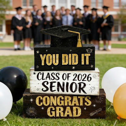 2026 Graduation Table Decorations Class of 2026 Senior Tiered Tray Decor Wooden Hat Block Signs Farmhouse Congrats Grad Tabletop Party Centerpiece for Tables Wooden Sign for Home Decor