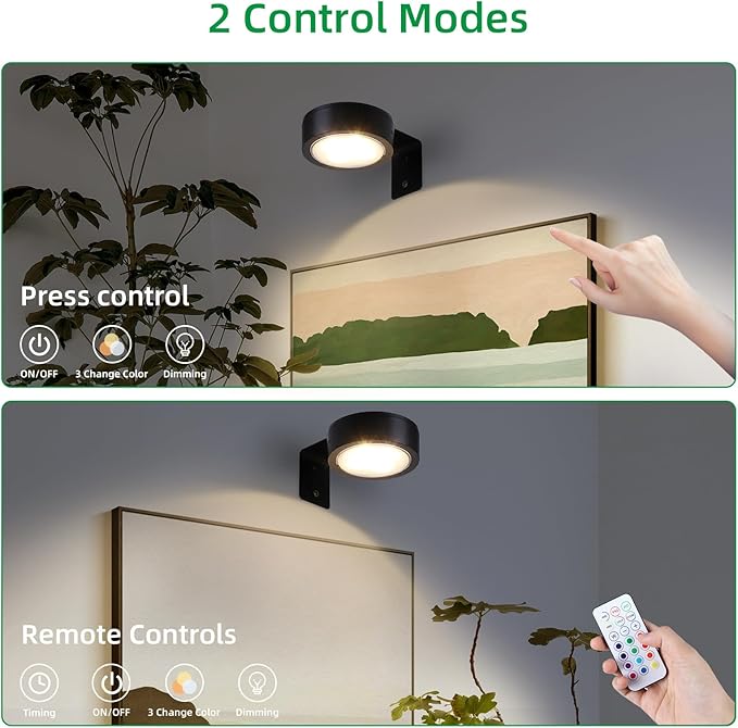 4 Pack Wireless Picture Lights for Wall, Magnetic Black Picture Light Battery Operated with Remote, Dimmable Painting Light for Art Display, RGB Rechargeable Wall Lights for Photo Frame Gallery
