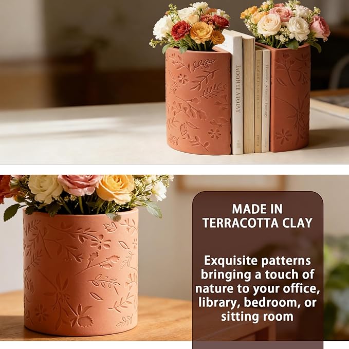 Decorative Bookends, Flower Pot Book Ends for Shelves, Terracotta Kitchen Bookends Novelty Plant Pot Holder, Office Book Shelf Accessories with Funny Indoor Plants Pot