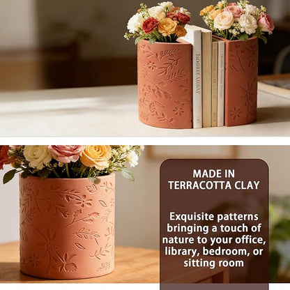 Decorative Bookends, Flower Pot Book Ends for Shelves, Terracotta Kitchen Bookends Novelty Plant Pot Holder, Office Book Shelf Accessories with Funny Indoor Plants Pot