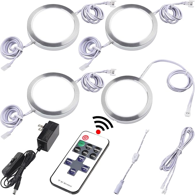 Kitchen Under Cabinet Lights Kit, 120 Volt Wired LED Puck Display Cases Lighting, RF Wireless Remote Control Dimmable, Daisy Chained Linkable, White Wires, Daylight 6000K, 4 Lights