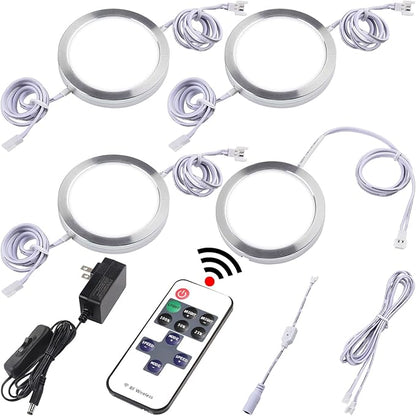 Kitchen Under Cabinet Lights Kit, 120 Volt Wired LED Puck Display Cases Lighting, RF Wireless Remote Control Dimmable, Daisy Chained Linkable, White Wires, Daylight 6000K, 4 Lights