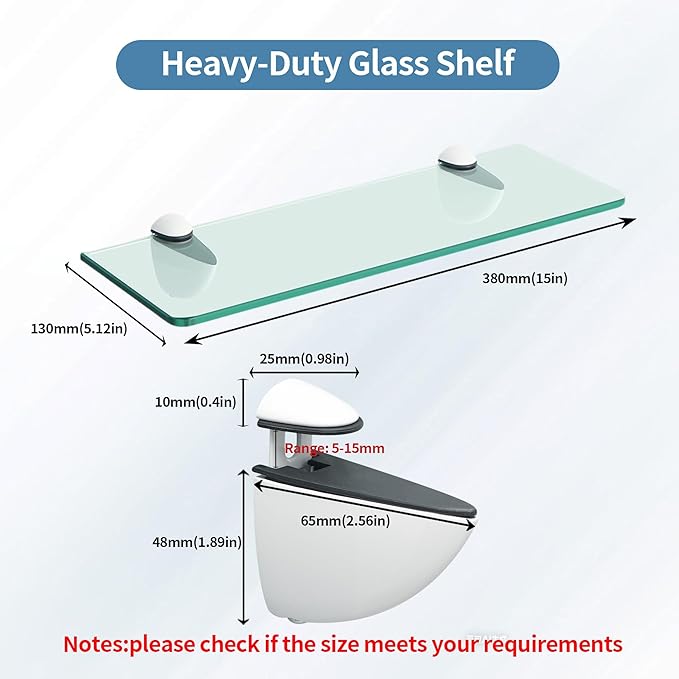 Alise Bathroom Glass Shelf, 15 Inch Floating Shelves, Tempered Glass Shower Storage, Wall Mount Small Glass Shelves for Bathroom, Showers, Over The Toilet