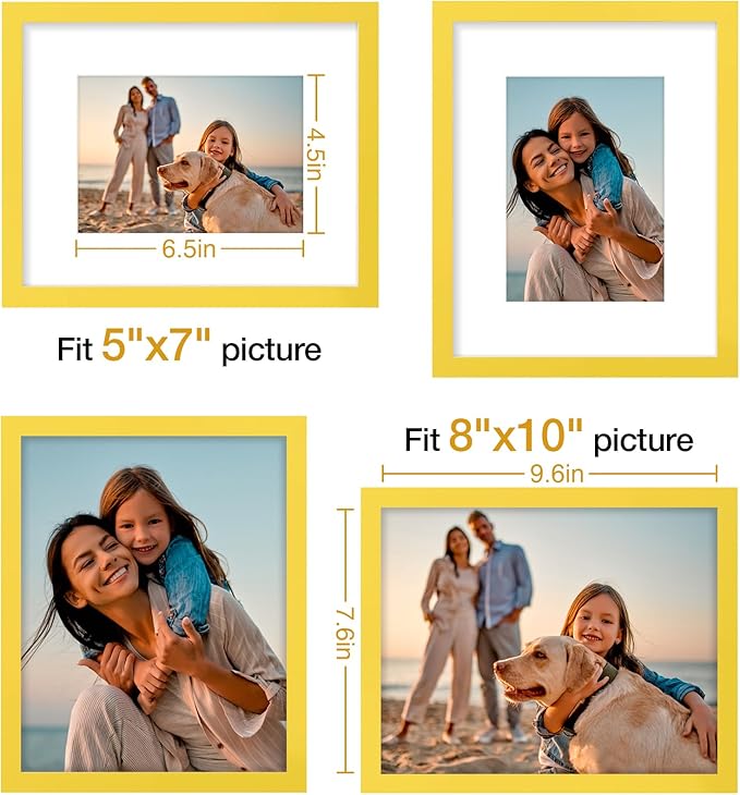 Vittanly 8x10 Picture Frames Set of 4, Display Pictures 5x7 with Mat or 8x10 without Mat, Gallery Wall Frame Set for Wall or Tabletop Display, Engineered Wood with Shatter Resistant Plexiglass, Yellow