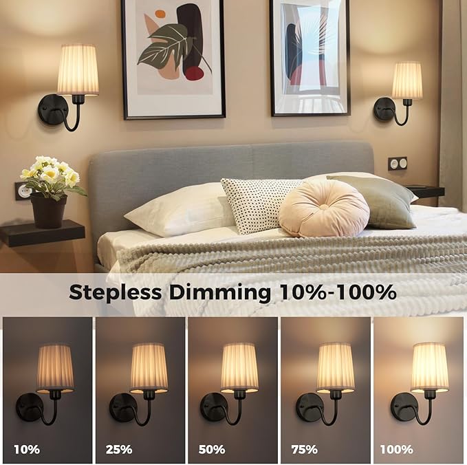 Battery Operated Wall Sconce Set of 2, Rechargeable Wall Sconces with 10000mAh Dimming Magnetic Bulb, Wireless Battery Powered Wall Lights with Pleated for Bedroom Living Room Gallery Hallway,Black
