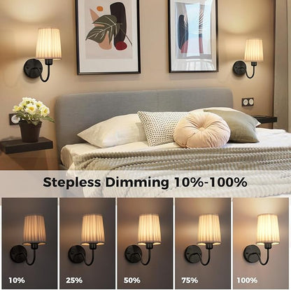 Battery Operated Wall Sconce Set of 2, Rechargeable Wall Sconces with 10000mAh Dimming Magnetic Bulb, Wireless Battery Powered Wall Lights with Pleated for Bedroom Living Room Gallery Hallway,Black