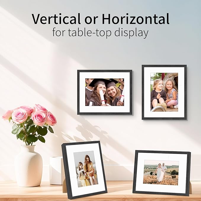 8x10 Picture Frame Set of 4, Displays 5x7 with Mat or 8x10 Without Mat, Photo Frames for Wall Hanging or Tabletop, Includes HD Plexiglass, Black