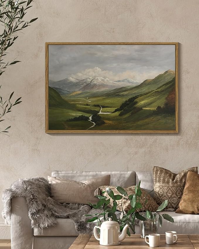 SHENIFY Landscape 24x36in Large Vintage Framed Canvas Wall Art Classical Mountain Range Valley Prints Farmhouse Bathroom Office Decor - Natural Framed