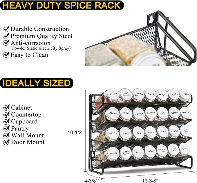 SpaceAid Spice Rack Organizer with 28 Spice Jars, 386 Spice Labels, Chalk Marker and Funnel Set for Cabinet, Countertop, Pantry, Cupboard or Door & Wall Mount - 28 Jars, 13.4