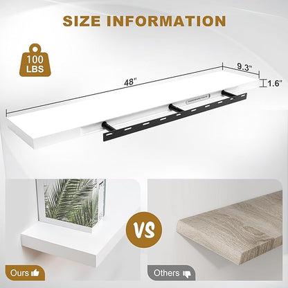 Fun Memories Floating Shelves, 9.3 Inch Deep Solid Pine Wood Wall Shelves for Storage, Rustic Wall Mounted Display Shelf with Invisible Heavy-Duty Metal Bracket, 48 Inch Width, White
