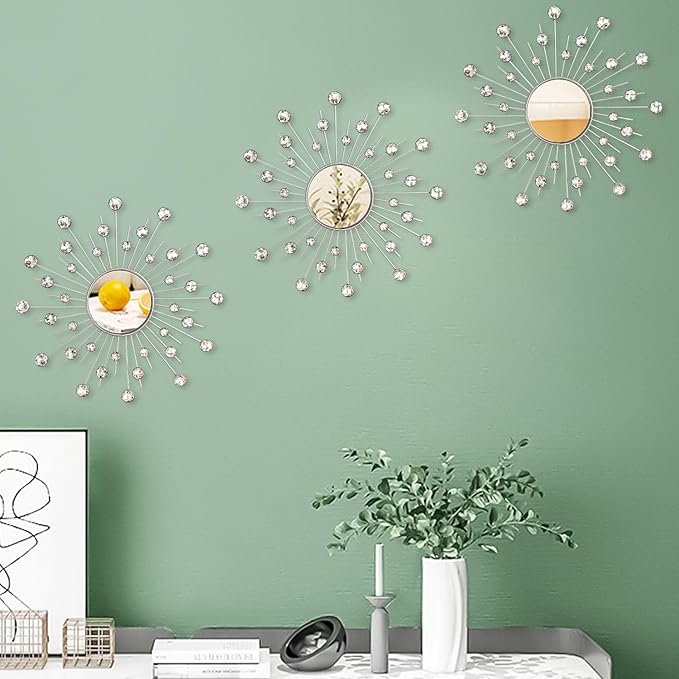 Uaussi 3 Pack Crystal Sunburst Wall Mirror Décor Rhinestone Mirrors Decorative Home Wall Art for Living Room Bedroom Entryway(Crystals Silver)