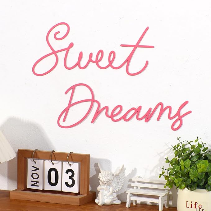 Zzbakress Sweet Dreams Wall Decor Metal Wall Art Large Modern Living Room Farmhouse Sign for Bedroom Black Metal Wall Art for Office and Home Wall Decor (Pink, Farmhouse)