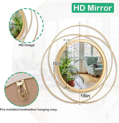 Gold Art Large Round Mirror with Iron Metal Wire Frame Wall-Mounted Mirror for Home Decor Living Room Bedroom Bathroom Entryway 16"