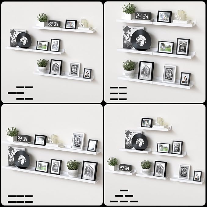 Floating Shelves Set of 6, White Wall Shelves with Lip, Display Shelves for Wall Decor, Modern Picture Ledge for Living Room, Bedroom, Nursery, Bathroom, Pictures, Books, Plants- White