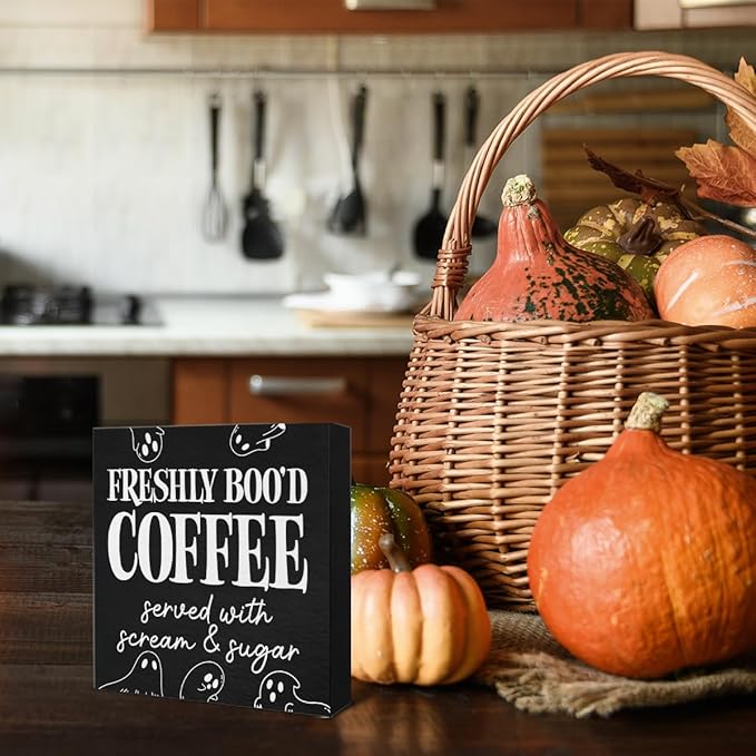 Funny Halloween Coffee Wooden Sign Spooky Boo Coffee Lover Decorations for Bar Home Kitchen Shelf