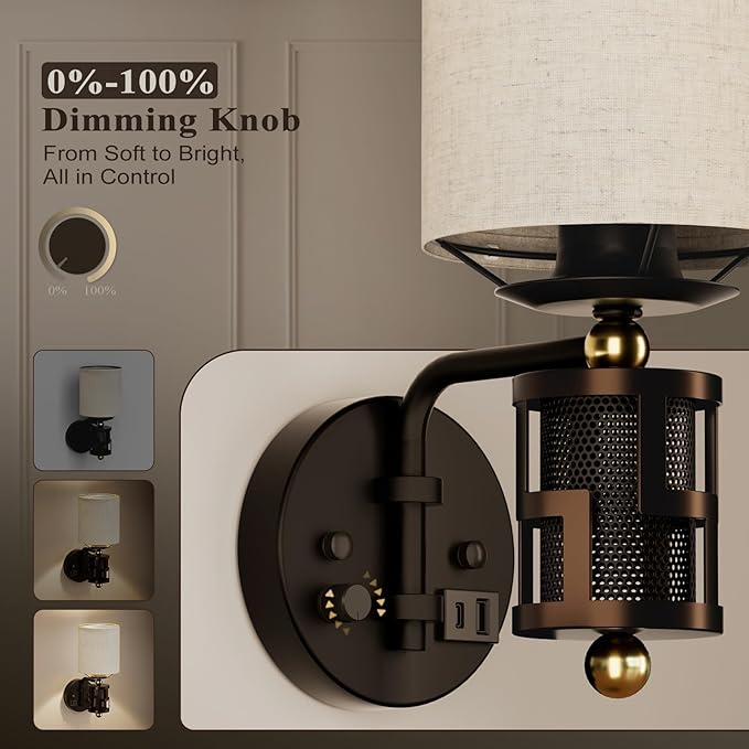 V07-1 Vintage Wall Sconce Light with USB A+C Charging Ports, Hardwired/Plug in Wall Sconces with Dimming Knob and Linen Lampshade, Wall Lights for Bedroom Living Room Kitchen (Bulb Included)