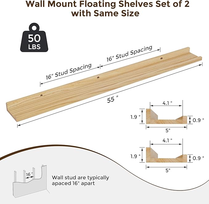 RICHFOCUS Floating Shelves for Wall, 55 inch Solid Wood Picture Ledge Shelf for Wall Storage, Nursery Book Shelves with Lip for Living Room Bathroom Bedroom Kitchen, Set of 2, Natural