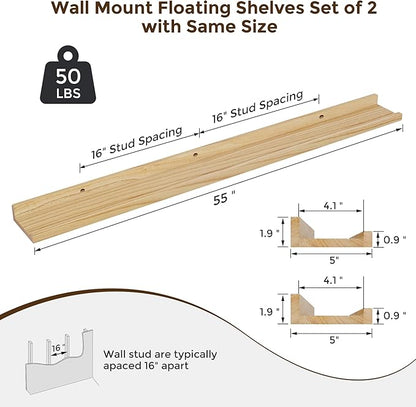 RICHFOCUS Floating Shelves for Wall, 55 inch Solid Wood Picture Ledge Shelf for Wall Storage, Nursery Book Shelves with Lip for Living Room Bathroom Bedroom Kitchen, Set of 2, Natural