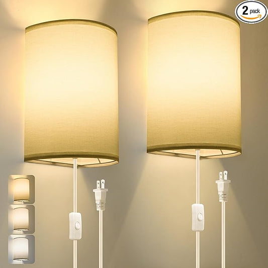 Plug in Wall Sconce, 3 Color, Set of Two, Industrial Wall Lamp with Plug in Cord, Rustic Fixture, On/Off Switch Vintage Wall Light Fixture for Headboard Bedroom Porch (White)