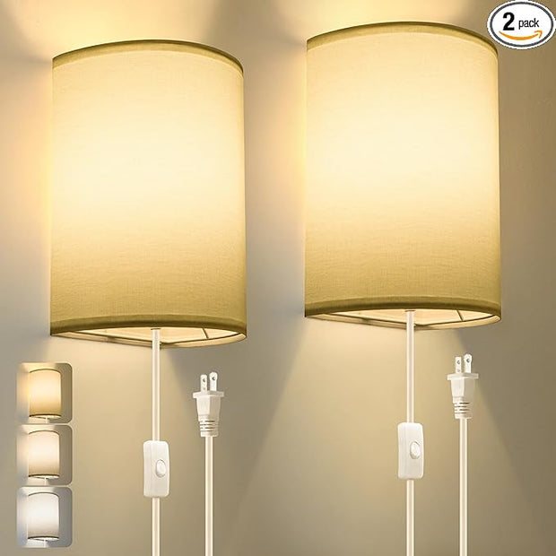 Plug in Wall Sconce, 3 Color, Set of Two, Industrial Wall Lamp with Plug in Cord, Rustic Fixture, On/Off Switch Vintage Wall Light Fixture for Headboard Bedroom Porch (White)