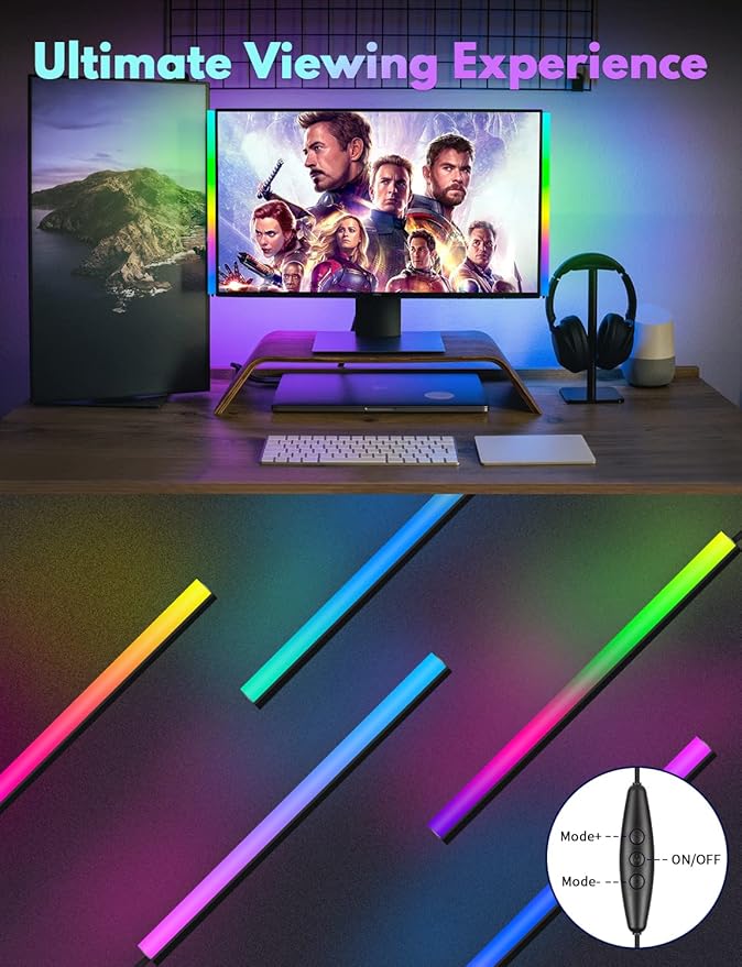 JUSJUBR 2PC RGB Under Monitor Light, Gaming Light with 353 Color Modes, LED Desk Light with Remote Control for Room/Monitor/PC Gaming Setup