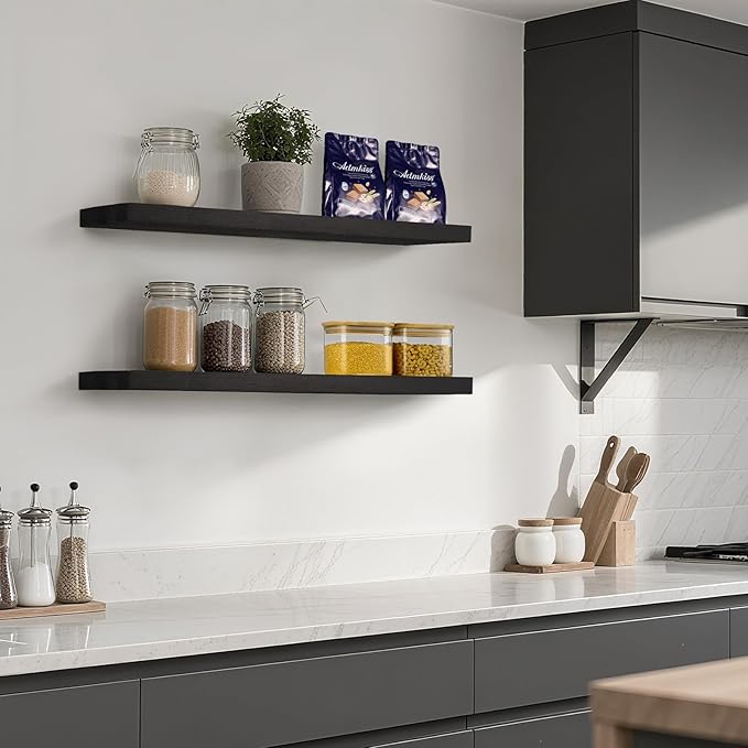 Solid Wood Floating Shelves for Wall 36 inch Bathroom Hanging Wall Shelves Set of 2 for Living Room Bedroom Kitchen Farmhouse 36x6.7 inch - Black