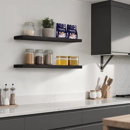 Solid Wood Floating Shelves for Wall 36 inch Bathroom Hanging Wall Shelves Set of 2 for Living Room Bedroom Kitchen Farmhouse 36x6.7 inch - Black