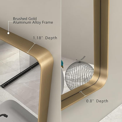 48x30 Inch Gold Bathroom Mirror for Wall, Brushed Brass Metal Framed Gold Vanity Mirror, Rounded Rectangle Golden Mirror, Shatterproof, Anti-Rust (Horizontal/Vertical)
