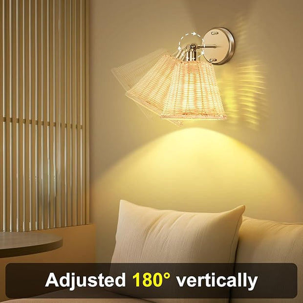 Frideko Rattan Rechargeable Wall Sconces Set of Two with Remote, RGB 15 Colors Dimmable Battery Operated Wall Lights, Indoor Wireless Wall Lamp with 3 Timer, Farmhouse Boho Sconce Light for Bedroom