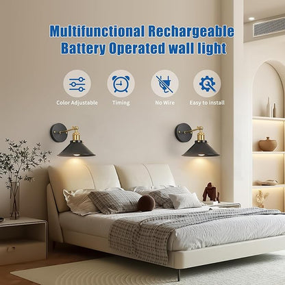 Black & Gold Vintage Rechargeable Battery Operated Wall Sconces, Cordless Battery Powered Led Wall Lights Set of 2, Wall Lamp Fixture Indoor with Remote Control for Bedroom Farmhouse Gallery
