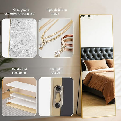 OLIXIS Full Length Gold Mirror 59.1"x16" for Bedroom, Full Body Mirror with Stand, Hanging or Leaning for Wall, Aluminum Alloy Thin Frame Floor Standing for Living Room, Long