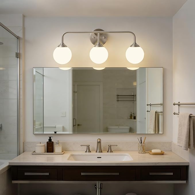 Bathroom Light Fixtures - 3 Light Brushed Brass Vanity Light Over Mirror for Bathroom Mirror Living Room, Brushed Nickel Bathroom Wall Sconce with Frosted Glass Shade, 3 G9 Bulbs Included