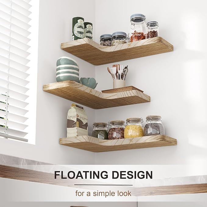 fuqing Floating Corner Shelves, Wall Shelf Set of 3, Shelves for Wall Storage, Solid Wood Shelves for Storage, Wall Mount Wooden Display Shelf for Bathroom Bedroom Kitchen Garage, Carbonized Black