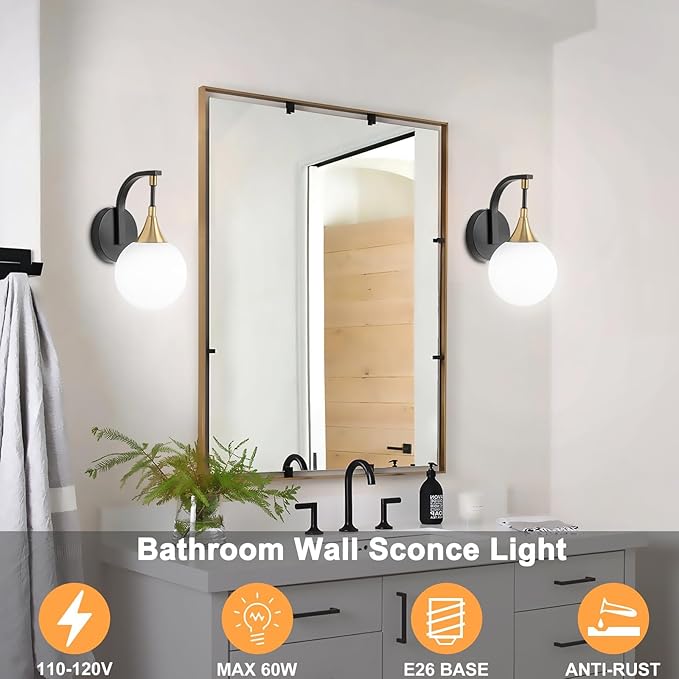 1-Light Bathroom Wall Sconce Light,Black and Gold Vanity Lighting with White Milk Globe Glass Shade, Vintage Wall Light Fixture Wall Lamp Wall Mount Light for Bedroom Hallway