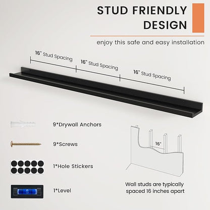 Picture Ledge Shelf, Floating Shelves Set of 2, 56 Inches Long Large Nursery Book Shelves for Toys Storage, Kids Bookshelf Wall Mounted for Living Room Bedroom Decor Books Photo Frames, Black