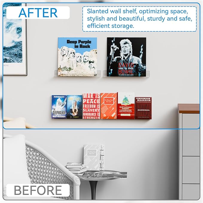 4 Pack Vinyl Record Wall Display,15" Acrylic Invisible Floating Bookshelf for Kids Room,Clear Wall Mounted Hanging Book Shelves,Modern Picture Ledge Display and Album Vinyl Wall Mount Shelf