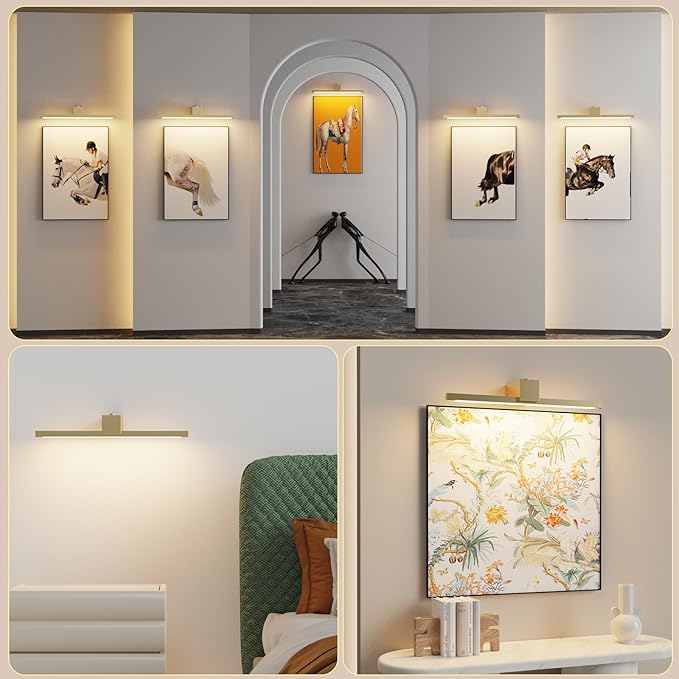 Picture Lights for Wall,Battery Operated Art Light,16in Gallery Light for Paintings,3CCT Dimmable,Metal Finish Recharging Battery Wall Light with Remote Control for Living Room Gallery(Gold)